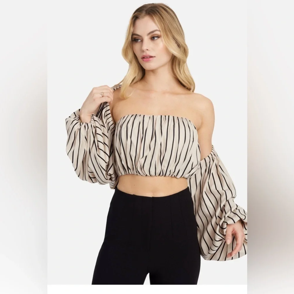 Bebe Twill Stripe Balloon Sleeve 2 Piece Bolero Set - Picture 3 of 14